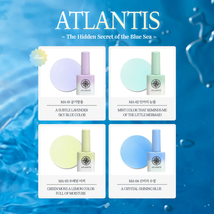 Captivating Atlantis collection featuring 7 syrup gels inspired by the deep, ancient sea and 1 mesmerizing silky magnetic cat eye gel. Unique color palette showcased through collection packaging, free cylinder magnet, and color chart board. Discover the hidden secrets of the blue sea with this enchanting MAYO brand offering.