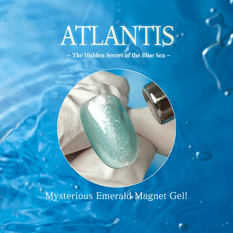 Detailed, visually captivating image showcasing the MAYO Atlantis Collection's "Mysterious Emerald Magnet Gel" - a stunning, shimmering nail polish gel inspired by the captivating mysteries of the deep blue sea. The image highlights the product's magnetic, otherworldly qualities, inviting users to explore the hidden secrets of the ocean.