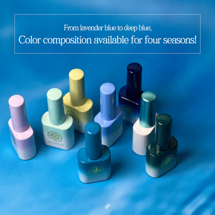 Vibrant and versatile color palette of the MAYO Atlantis Collection spanning lavender blue to deep blue, offering diverse seasonal hues for a captivating nail art experience. Showcases the comprehensive range of high-quality, long-lasting gel nail products from the renowned MAYO brand.