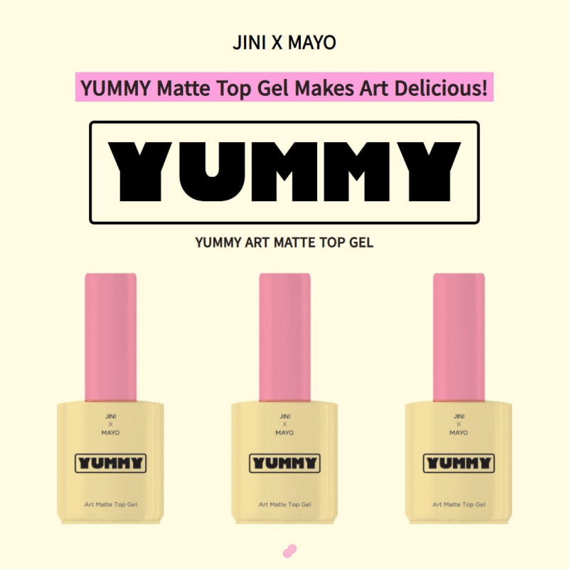A minimalist promotional image of Yummy Art Matte Top Gel, featuring three bottles aligned side by side against a light background with bold branding text above them. The design is clean and emphasizes the product's sleek look.
