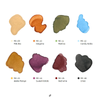 Eight vibrant ink gel samples featuring a variety of colors including milk tea, delgona, matcha, candy soda, apple mango, sweet potato, red wine, and creo, showcasing the diverse range of the MAYO Picasso Ink 2 Set for Shopify products.