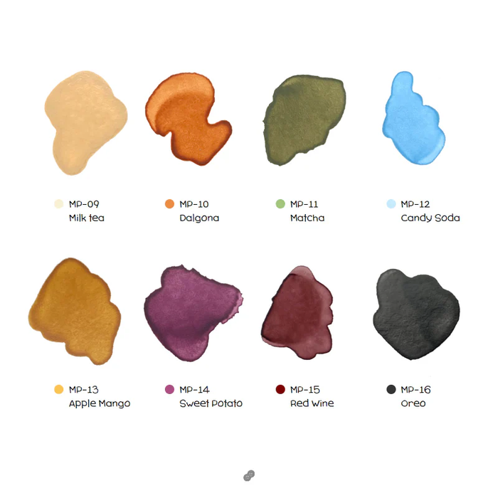 Eight vibrant ink gel samples featuring a variety of colors including milk tea, delgona, matcha, candy soda, apple mango, sweet potato, red wine, and creo, showcasing the diverse range of the MAYO Picasso Ink 2 Set for Shopify products.