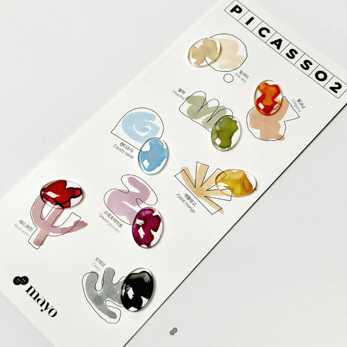 Eight beautifully vibrant and unique ink gels featuring the iconic Picasso-inspired designs, part of the MAYO brand's innovative Picasso Ink 2 Set, designed to bring a touch of artistic flair to any project with its natural drying formula.