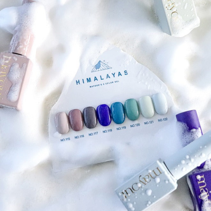 Elegant and captivating gel polish set showcasing the enchanting hues of the snowy Himalayan mountains, perfect for creating a cozy winter aesthetic on your nails. The MAYOUR Himalayas Collection features a stunning range of 8 high-quality gel polishes that capture the essence of the majestic landscape, allowing you to express your artistry and elevate your winter style.