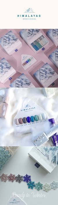 Enchanting gel polish collection inspired by the serene beauty of the Himalayas, showcasing a range of romantic, wintery hues for a cozy, artistic touch to your nails. This 8-piece set offers a themed swatch chart and elegant packaging, perfect for winter nail care and creative nail art.