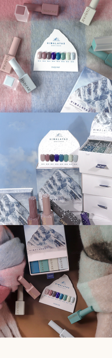 The image showcases the "MAYOUR Himalayas Collection 8pcs/set" of gel polishes, featuring a swatch card that highlights the enchanting range of colors inspired by the snowy Himalayan mountains. The elegant packaging and the inclusion of a matching swatch chart allow for easy organization and visualization of the stunning nail polish shades, providing a cozy and inspiring winter-themed palette for creative nail art or everyday wear.
