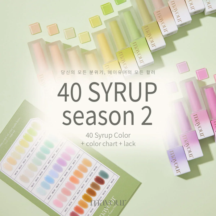 Diverse collection of 40 semi-sheer syrup gel polish colors, perfect for creating a wide range of nail art designs reflecting the changing seasons. Showcases MAYOUR's commitment to quality, versatility, and endless artistic possibilities for the discerning nail enthusiast.