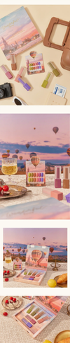 A vibrant and whimsical assortment of makeup products against a backdrop of hot air balloons, capturing the essence of the MAYOUR Wonderful Flying Collection. The product's varied shades and textures evoke a sense of imagination and adventure, perfect for elevating your nail game to new heights.