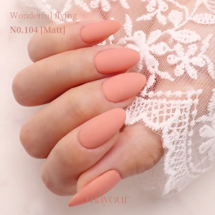 Elegant and whimsical manicure showcasing the MAYOUR Wonderful Flying Collection, featuring a delightful set of opaque nail shades in autumnal tones that evoke the magic of a hot air balloon adventure.