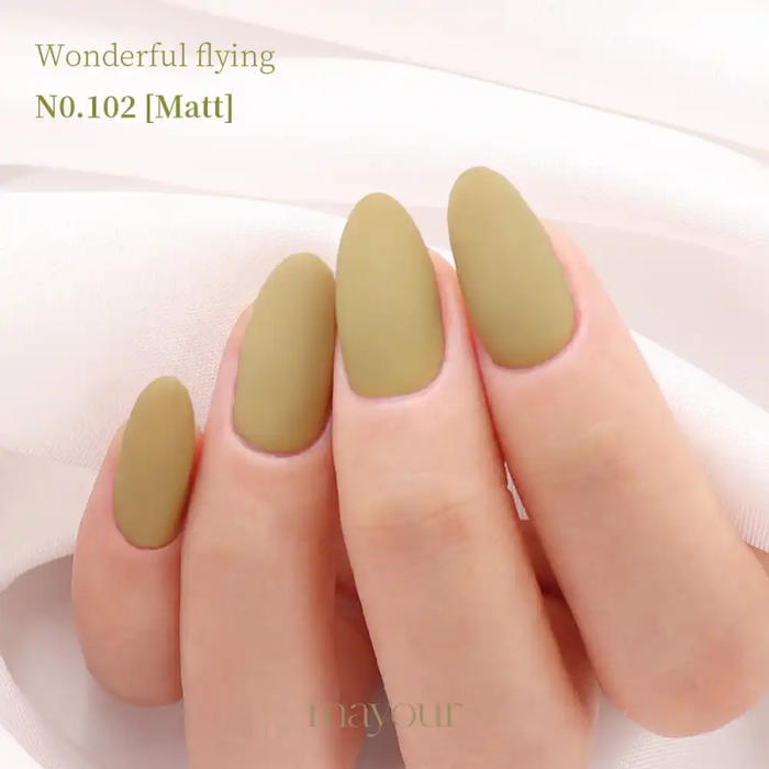 A set of matte beige nails in an autumn-themed palette, evoking the whimsical feel of a hot air balloon adventure, as part of the MAYOUR Wonderful Flying Collection.