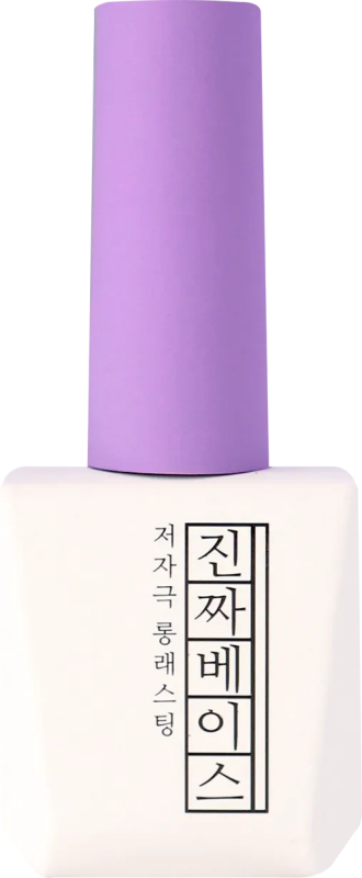 A close-up view of a purple bottle with a white label displaying Korean text. The bottle appears to be a Mostive Jinzza Base Gel, a Shopify product described as a non-wipe top coat with 9528 hours of testing, minimized stimulations, and a suitable viscosity for easy nail application. It features 60S UV/30S LED curing time and a 12ml volume.