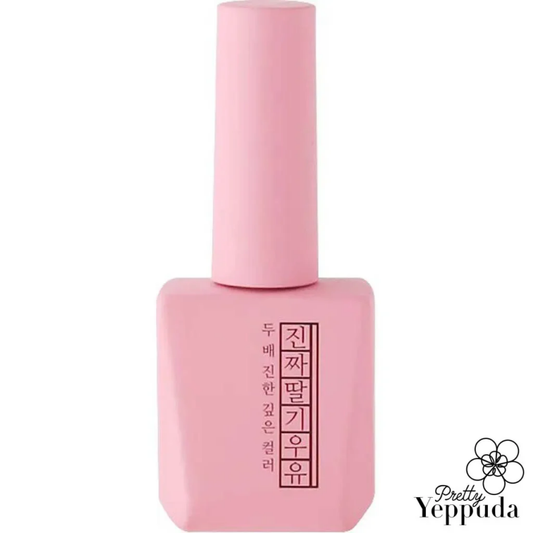 A vibrant and glossy strawberry milk-colored nail polish bottle from the Mostive Jinzza Collection, showcasing the brand's signature high-pigmentation and single-coat coverage formulation. The product is designed for both 60-second UV and 30-second LED curing, ensuring a long-lasting and professional-grade manicure.