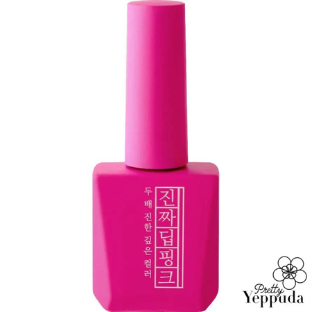 Vibrant pink nail polish bottle from the Mostive Jinzza Series, featuring the brand's signature deep color gel formula with one-coat coverage and high pigmentation, designed for both 60-second UV and 30-second LED curing, showcasing the brand's commitment to innovative and high-quality nail care products.