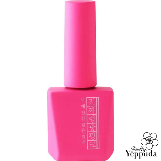 Vibrant neon pink nail polish bottle from the Mostive Jinzza Series, showcasing the Signature Colour Gel's high-pigmentation and one-coat coverage for a bold, fluorescent look. The 12ml bottle offers 60S UV or 30S LED curing time, delivering a long-lasting, professional manicure with the Mostive brand's signature style and quality.