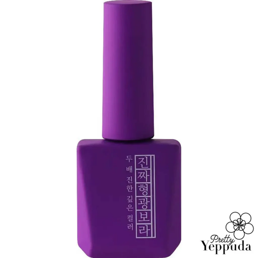 A vibrant purple-colored nail polish bottle from the Mostive Jinzza Series, featuring the product name "MJ56 Fluorescent Purple" in Korean and English text. The bottle showcases the Mostive signature color gel with its high-pigmentation formula and compact size of 12ml, designed for easy application under 60S UV or 30S LED curing.