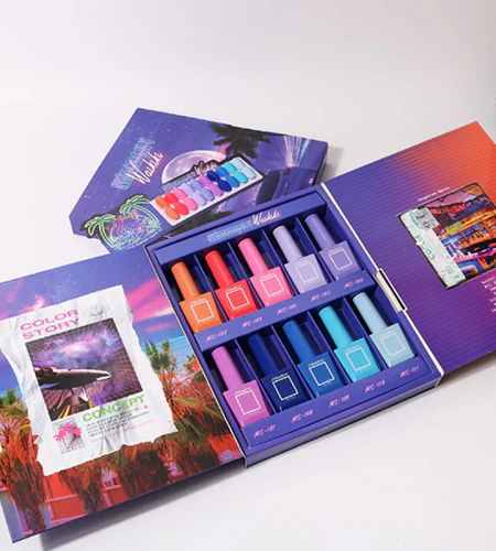 Retro-inspired nail polish set with vibrant pastel colors, evoking nostalgic summer vibes and romance. The "Mostive Midnight Waikiki Collection" features a unique color palette that captures the essence of vintage bars, tropical getaways, and the beauty of the ocean. The set includes a non-wipe color gel formula that can be used for full coverage or gradient designs, providing a versatile and long-lasting nail care experience.
