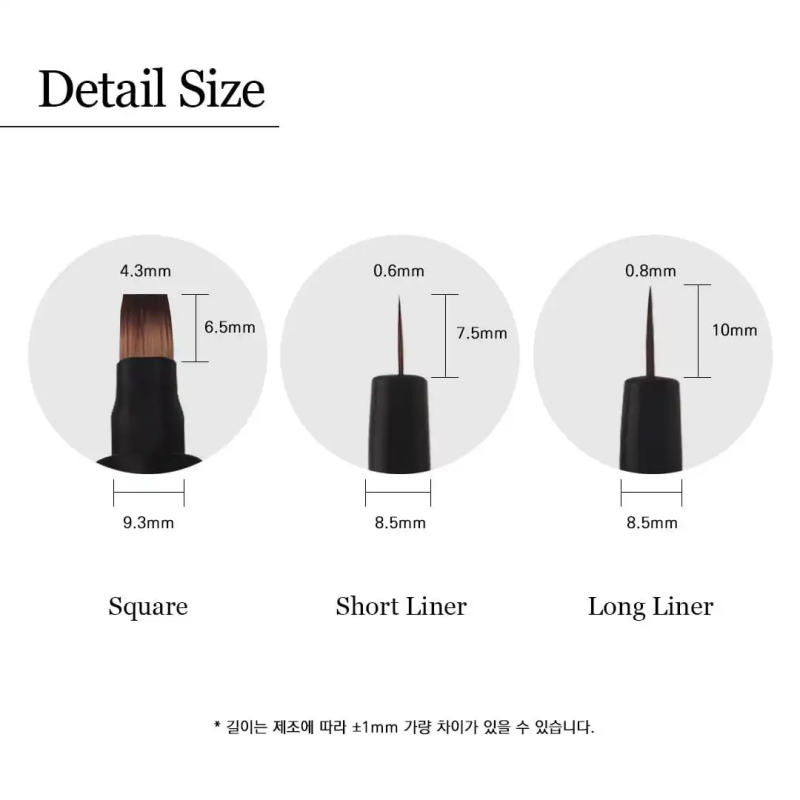 Detailed image showcasing the specifications of a Mostive Mildang Brush Long Liner 0.6, including dimensions and brush types like Square, Short Liner, and Long Liner. This push-mechanism brush allows for easy storage by pressing it like a pen, providing a convenient and practical solution for makeup enthusiasts.