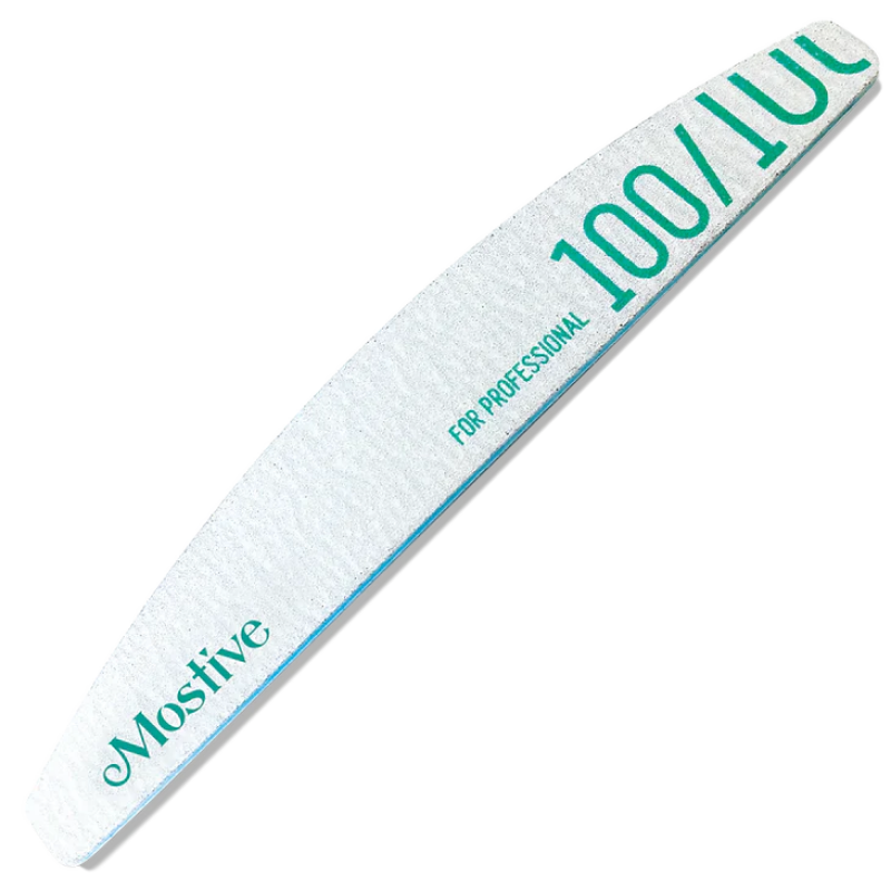 Professional-grade nail file featuring a curved white surface with green text. The file displays '100/100' grit rating and 'Mostive' branding, indicating its use for precision nail shaping and buffing. Its sleek design suggests durability and effectiveness for manicure and pedicure treatments.