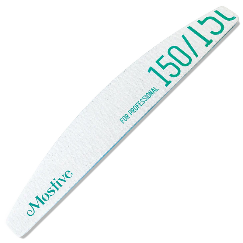 Professional-grade white nail file with teal Mostive branding and '150' grit indication, designed for precision nail shaping and smoothing. Curved shape for ergonomic handling and efficient filing. Durable construction suitable for salon or home use.