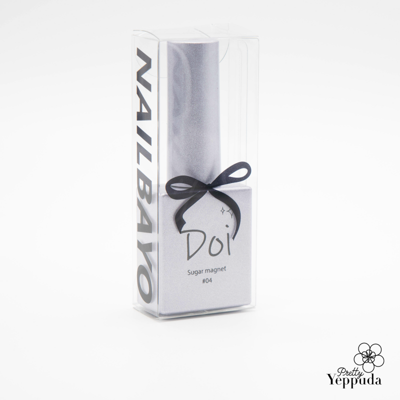 Elegant white packaging of Nailbayo DOI Sugar Magnet Gel, featuring a clear box with black ribbon and minimalist design. The product name 'DOI' and 'Sugar magnet' are visible on the front, while 'NAILBAYO' is prominently displayed on the side, showcasing the Korean nail art expertise and premium quality of this magnetic gel collection.