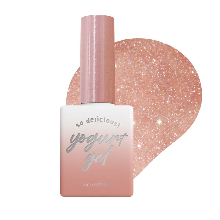 8ml gel polish bottle in pink tone with reflective effects, self-leveling and blending seamlessly into the nail bed to create a natural look, part of the Yogurt Ballerina Collection by Shopify, formulated to be stored in cool, dark areas and away from direct sunlight.