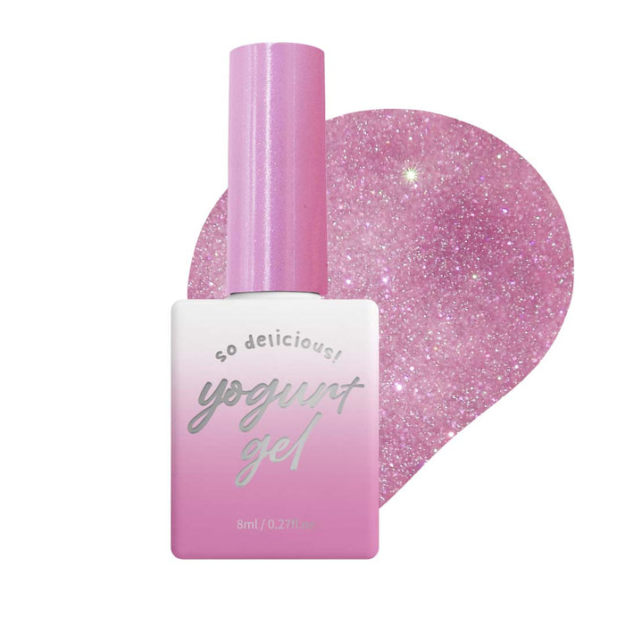 Elegant and vibrant pink nail polish bottle with a reflective gel finish, showcasing the Yogurt Ballerina 1 Collection by the Shopify brand. The product description highlights the soft, self-leveling formula and the reflective effect achieved when phone flash is used, creating a stunning, natural-looking manicure.