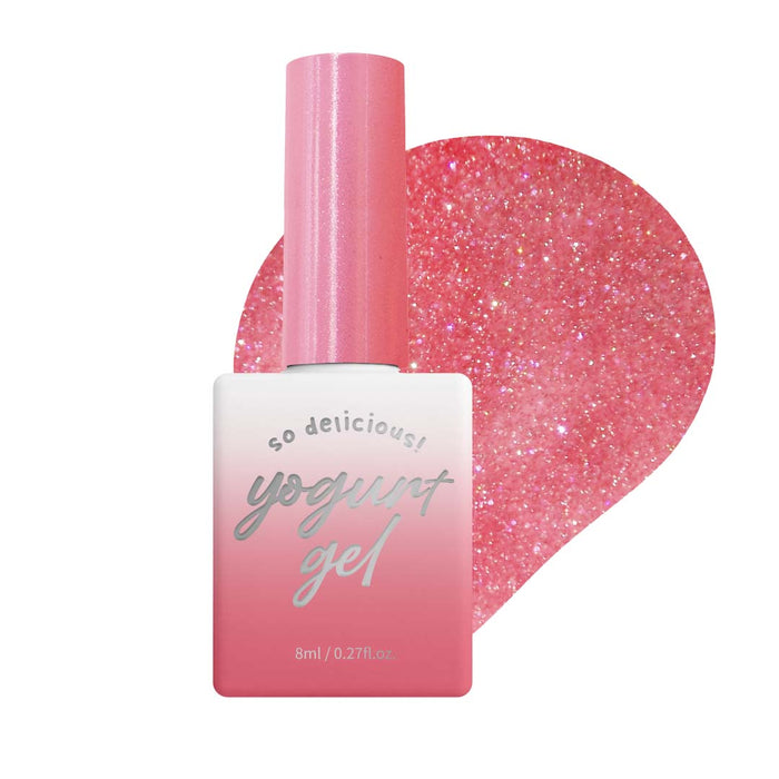 Vibrant pink gel polish bottle with a reflective effect that captures the essence of the "YOGURT Ballerina 1 Collection" - a set of soft, self-leveling gel polishes in a mid-viscosity formula that blends seamlessly with the nail bed for a natural, pink-toned finish.