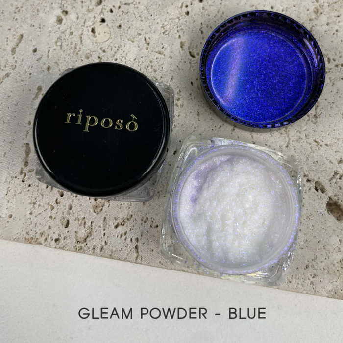 Riposo Gleam Powder - Blue: This versatile powder enhances deep shading, offering a multitude of hues to beautifully accentuate depth and bring out the magnetic glow in your creations. The rich, blue color gel provides a striking and vibrant finish, perfect for adding dimension and drama to your Riposo magnetic designs.