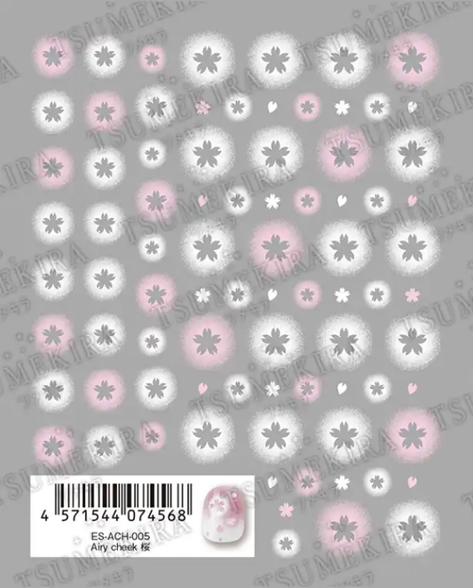 Elegant floral pattern featuring delicate pink and white sakura blossoms arranged in a repeating design, showcasing the Tsumekira AIRY CHEEK SAKURA nail art sheet. This intricate, airbrushed effect allows for easy creation of beautiful sakura nail designs without the need for masking tape or an airbrush.