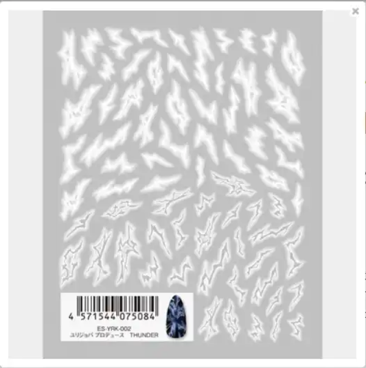 Intricate white lightning bolt patterns against a bright background, creating a dynamic and electrifying visual effect for the Tsumekira ES-YRK-002 THUNDER Shopify product, perfect for layering colors and designing stunning nail art.