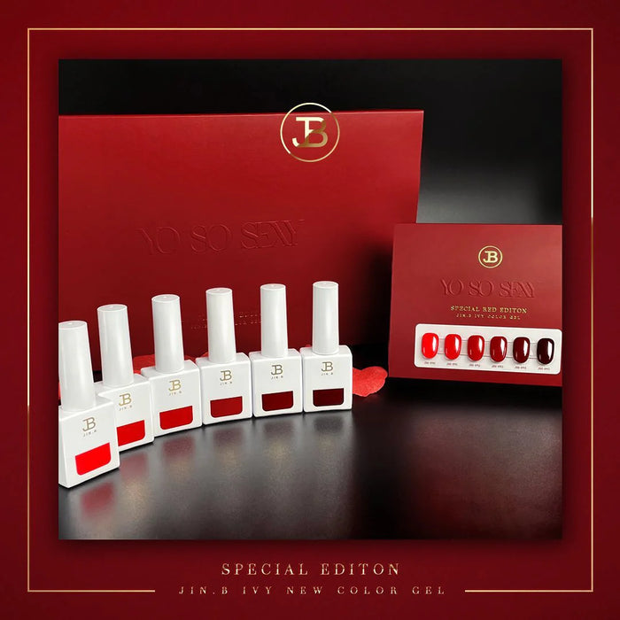 Elaborative alt text: The image showcases the "JIN.B IVY Yo So Sexy 6pc Collection," a special red edition product by the brand. The set includes 6 different shades of red gel nail polishes, presented in a stylish red box. The nail polishes are designed for a 60-second curing time under UV/LED light and are available as single gels. The product is highlighted with the brand's logo and color scheme, creating a visually appealing and bold presentat