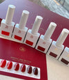 Vivid red nail polish bottles arranged neatly on a red background with the product title "JIN.B IVY Yo So Sexy 6pc Collection" prominently displayed. The set showcases a special limited edition of 6 different shades of red, perfect for creating bold and alluring nail looks. This image effectively highlights the key features of the Jin.B brand's high-quality, long-lasting gel nail polish collection.