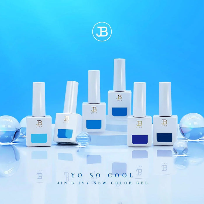 A vibrant collection of blue-toned nail polish products by the Jin.B IVY brand, featuring a sleek and modern design aesthetic. The set includes 6 different shades of blue, each with a unique tint and tone, presented in a stylish and compact packaging that highlights the brand's sophisticated identity.