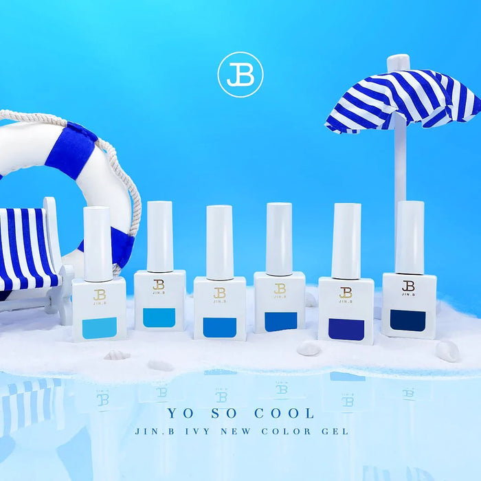 A vibrant collection of Jin.B IVY Yo So Cool 6PCS gel nail polish in various shades of blue, showcasing a playful and refreshing seaside-inspired color palette. The image highlights the brand's commitment to innovative and trendy nail care products that cater to fashion-forward individuals seeking to express their unique style.