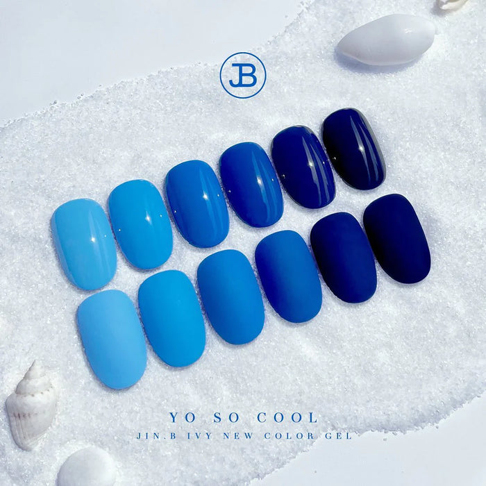 A collection of vibrant blue hue gel nail polish shades, showcasing a range of bold and captivating tones that exude a chic and modern aesthetic. The JIN.B IVY Yo So Cool 6PCS Collection offers a striking visual appeal, with the colors seamlessly blending and complementing each other to create a visually stunning nail art experience.