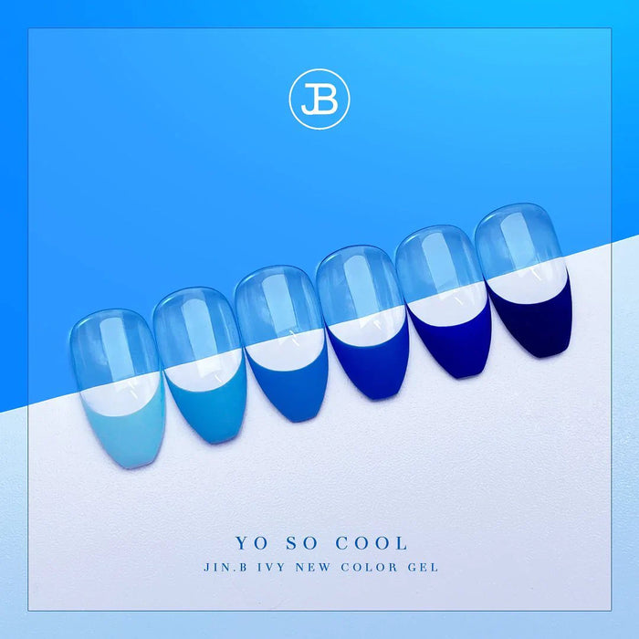 The image shows a set of 6 different blue-tinted nail polish bottles arranged in a row against a bright blue background. The product is titled "JIN.B IVY Yo So Cool 6PCS Collection", indicating that this is a special blue-themed nail polish set created by the Jin.B brand.