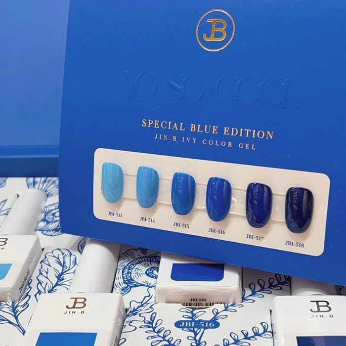 The image depicts a Shopify product called "JIN.B IVY Yo So Cool 6PCS Collection", a special blue edition gel set with 6 different shades of blue. The image showcases the product packaging and color swatches, highlighting the brand's focus on high-quality, vibrant blue nail gel colors.