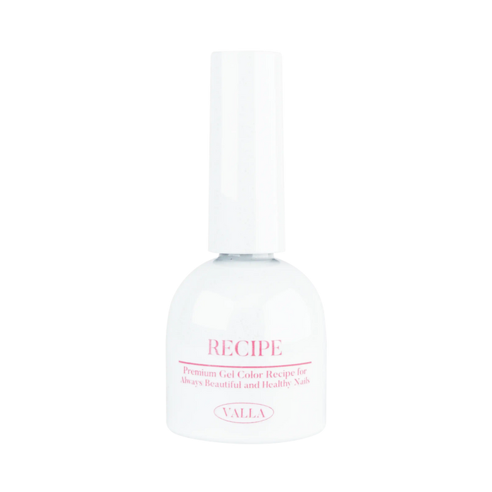 VALLA Recipe nail treatment bottle with white cap and clear liquid, featuring pink text detailing its purpose for beautiful and healthy nails. Part of the Korean Nail Supply Byulling Byulling Collection, offering versatile gel polish options for magnetic and non-magnetic effects.