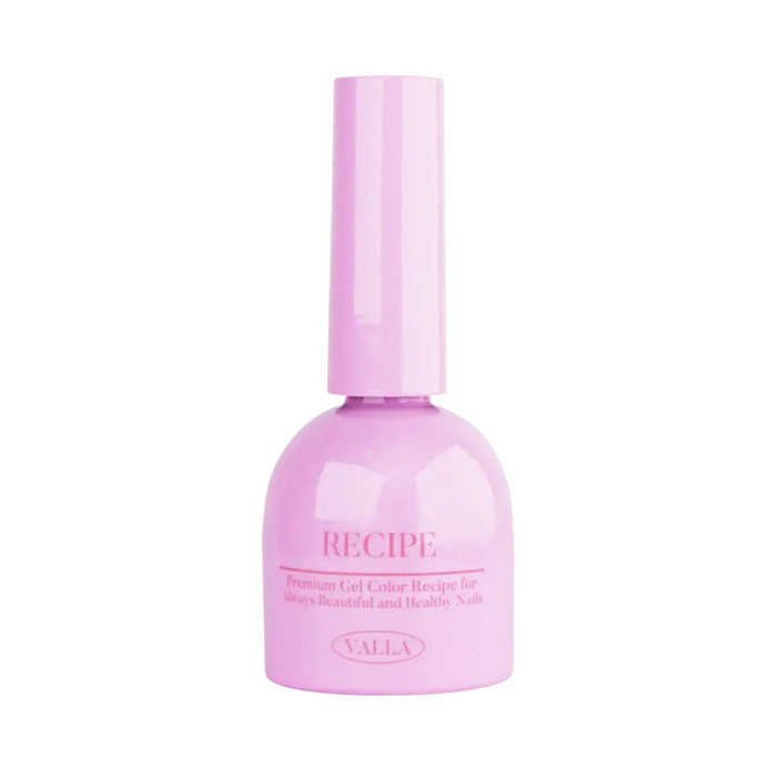 Pastel pink nail polish bottle from VALLA's Byulling Byulling Collection, featuring innovative two-way glitter and magnetic cateye gel polish. Sleek cylindrical design with 'RECIPE' branding, promising vibrant syrup-tinted colors for versatile nail art applications.