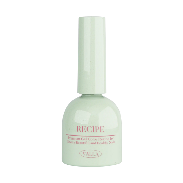 VALLA Byulling Byulling Collection nail polish bottle in soft mint green color, featuring 'RECIPE' label in pink text, promising premium gel color for beautiful and healthy nails. Elegant cylindrical bottle design with smooth rounded cap, showcasing Korean nail art innovation and quality.