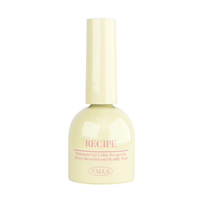 Pale yellow nail polish bottle from VALLA Byulling Byulling Collection, featuring innovative two-way glitter and magnetic cateye gel polish. The bottle displays 'RECIPE' in pink text, emphasizing premium gel color for beautiful, healthy nails. Represents Korean nail supply excellence and versatile application options.