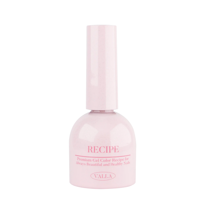 Elegant pink nail polish bottle from VALLA's Byulling Byulling Collection, featuring a frosted glass design with soft rose-colored liquid inside. The bottle displays 'RECIPE' in delicate pink lettering, promising a premium gel color product for beautiful and healthy nails.