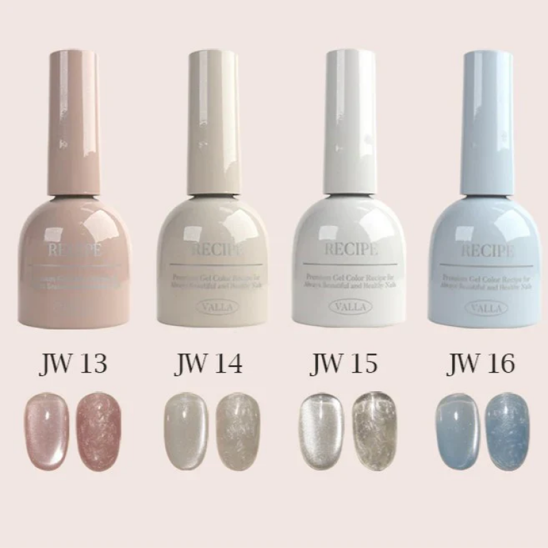 Detailed image showing the VALLA Dewy Collection, a set of 8 magnetic gel nail polish shades in soft, pastel colors. The image displays the bottles and swatches for each shade, including JW13, JW14, JW15, and JW16. The description highlights the new silky effect, fine particles for a smooth cat eye look, and the full set including the magnet and color chart.