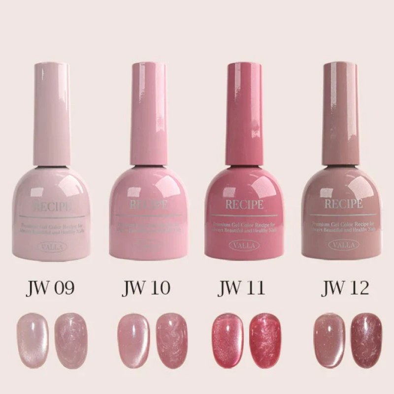 A high-quality image showcasing the VALLA Dewy Collection, a set of magnetic gel polishes that offer a silky smooth cat eye effect. The collection includes 8 shades, a magnet, and a color chart for customization. The image displays the polish bottles and swatches, highlighting the trendy and luxurious nature of the VALLA brand.