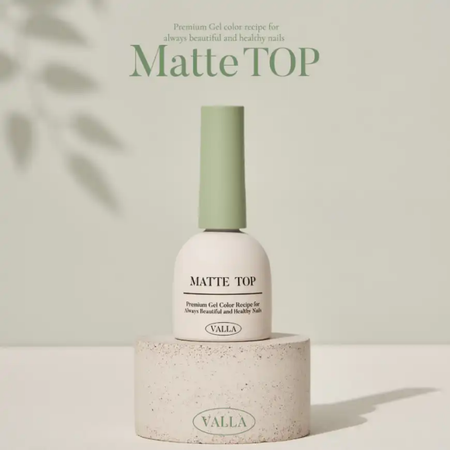 VALLA Matte Top: A premium gel color recipe that creates a velvety, non-reflective surface for your nails, delivering a beautiful and healthy look. The product is designed to provide a matte finish, complementing the Korean nail supply brand's commitment to quality and innovation.