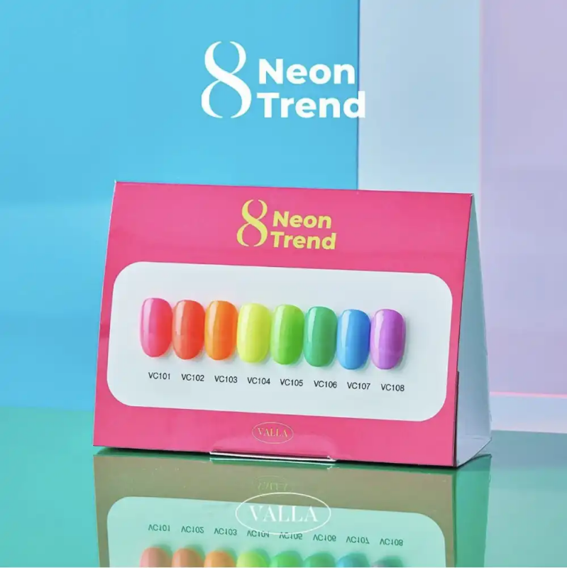 Vibrant neon nail polish set showcasing the latest Korean trend - 8 captivating shades that dare you to shine, curing in just 1-2 minutes under UV/LED light. The VALLA Neon Trend collection offers a variety of single gel options to customize your bold and luminous manicure.