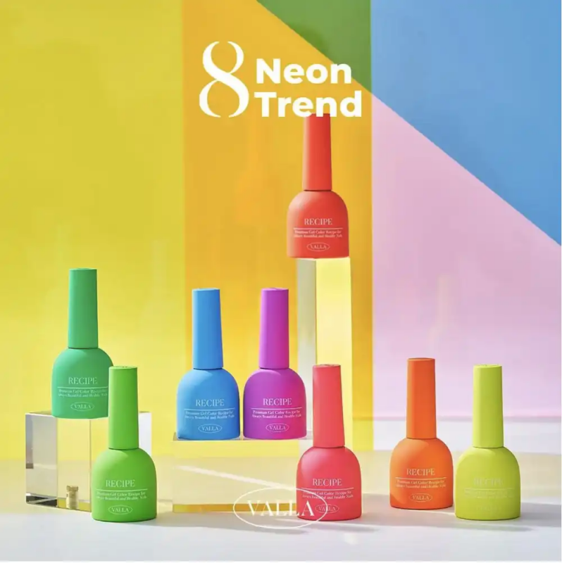 Image of a vibrant, colorful display showcasing the "VALLA Neon Trend Collection" featuring 8 neon-colored nail polish bottles. The products highlight the latest trend in Korea - neon nails, allowing users to dare to shine with the 10ml bottles that cure within 1-2 minutes under UV/LED light. The image prominently displays the brand name "VALLA" and the collection title "Neon Trend".