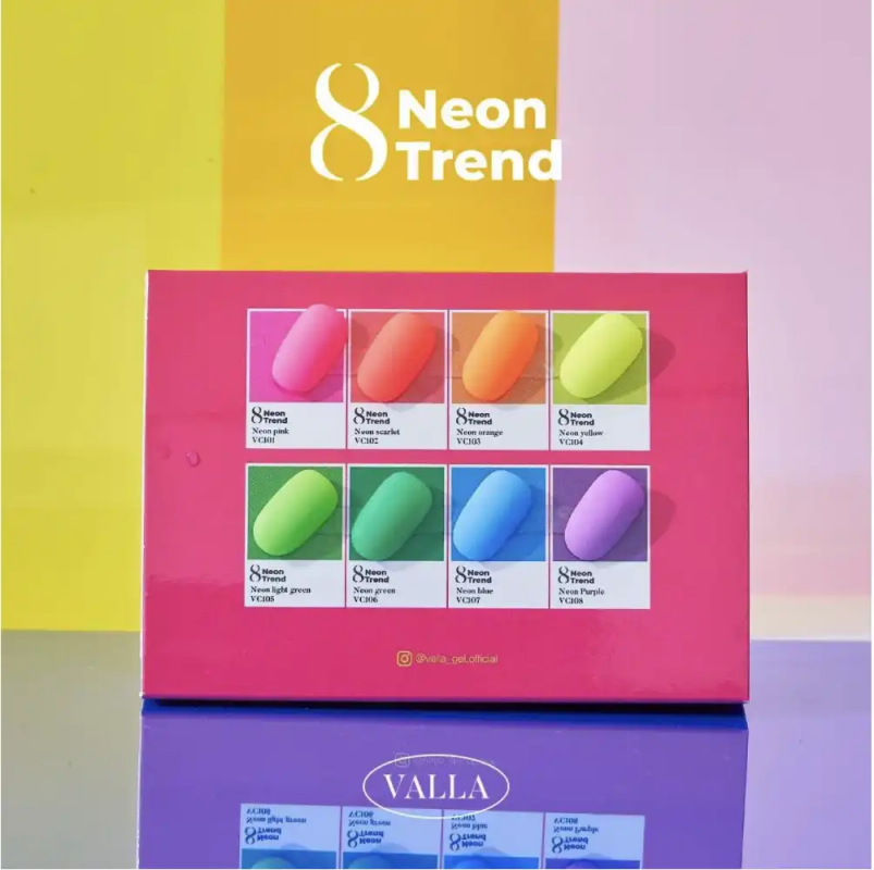 Vibrant array of 8 neon nail polish shades from the VALLA Neon Trend collection, showcasing the bold and captivating 2024 nail color trend popular in Korea. The product features a range of bright, eye-catching hues including vivid yellows, oranges, greens, blues, and purples, perfect for adding a touch of daring style and luminescence to any nail design.