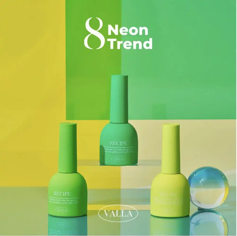 Vibrant, trendy neon nail gel collection showcasing the latest Korean fashion trend. Eight vivid shades in a compact set, offering a daring and eye-catching look for the modern, fashion-forward consumer. VALLA, the brand that captures the essence of this bold neon aesthetic, delivers a high-quality, long-lasting nail care experience.