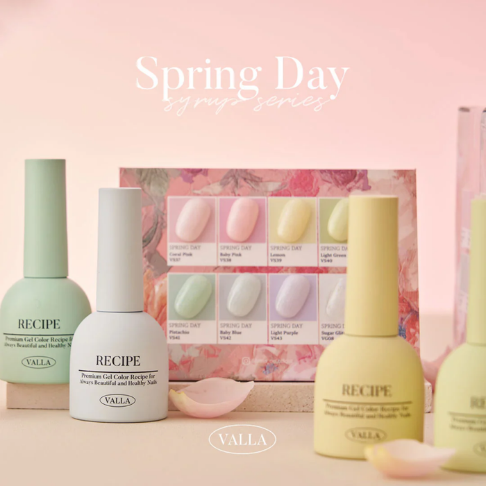 Vibrant, pastel-colored nail polish and gels from the VALLA Spring Day Collection, featuring warm and refreshing hues to embrace the new season. The collection includes 7 syrup shades and 1 glitter gel, perfect for creating a spring-inspired look and enjoying the beautiful days ahead.
